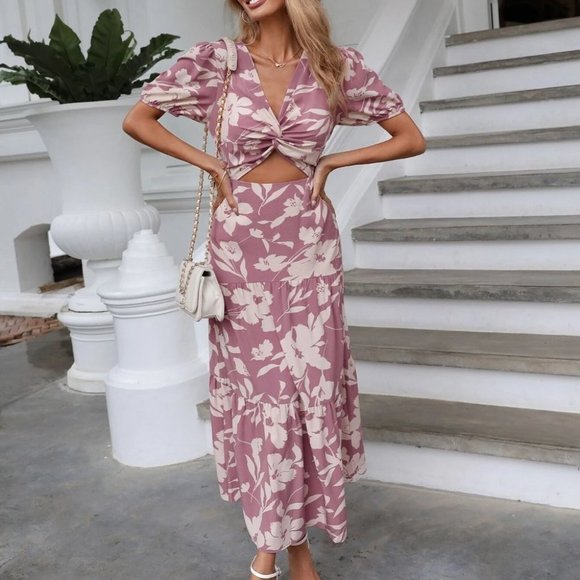 . Dresses & Skirts - Dusty Pink Boho Womens Floral Print Twist Front Cut Out Ruffle Hem Dress